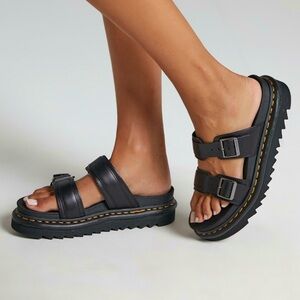 Dr. Martens | Myles Brando Leather Buckle Slide | Black Sandals | Women’s 9